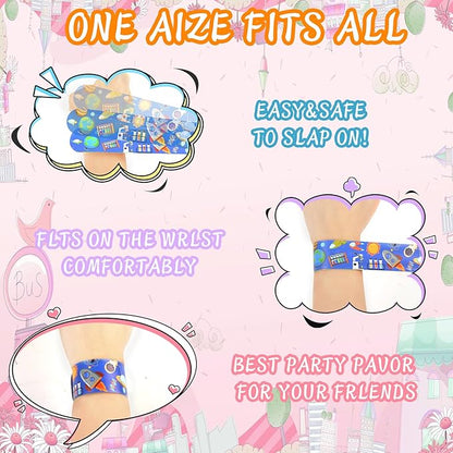 48 Pcs Back to School Slap Bracelets and 50 Pcs Party Stickers with Student Study Theme Slap Bracelets Wristbands for First Day of School Decorations, Classroom Rewards, Kid Birthday Gifts