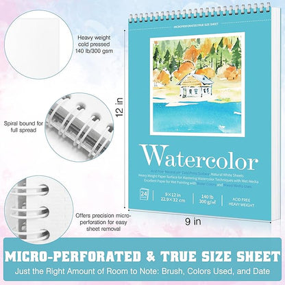 Watercolor Paper Pad, Watercolor Sketchbook 9" x12” 140lb/300gsm, Spiral Bound Water Color Pad Journal and Sketchbook for Adults & Kids, Markers and Art Journaling