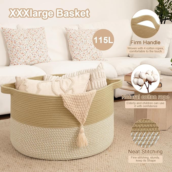 OIAHOMY 115L Extra Large Blanket Basket, 23.6" x 15.4" Woven Cotton Rope Laundry Basket for Organizing Pillows, Decorative Stuffed Animal Toy Storage Bin for Nursery, Jute and White