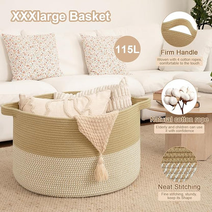 OIAHOMY 115L Extra Large Blanket Basket, 23.6" x 15.4" Woven Cotton Rope Laundry Basket for Organizing Pillows, Decorative Stuffed Animal Toy Storage Bin for Nursery, Jute and White