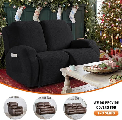 VANSOFY Recliner Cover, 2-Pieces Stretch Reclining Couch Cover with Pockets Loveseat Sofa Slipcovers Soft Washable Furniture Protector for Dogs Cats(Black)