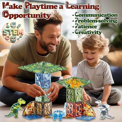 Magnetic Tiles Dinosaur Toys for Kids 3-5 5-7 Magnet Building Blocks Toddler Toy Dinosaurs - 3 Year Old Boy Gift STEM Learning Resources for Kids Ages 3 4 5 6 7 8 Gifts for 4 Year Old Boys