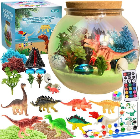 THINKKIE Dinosaur Light-Up Terrarium Kit for Kids- Christmas Birthday Gift for Boys Ages 4 5 6 7 8-12 Year Old- Dinosaur Painting Crafts Kits - Dinosaur Arts and Crafts for Kids