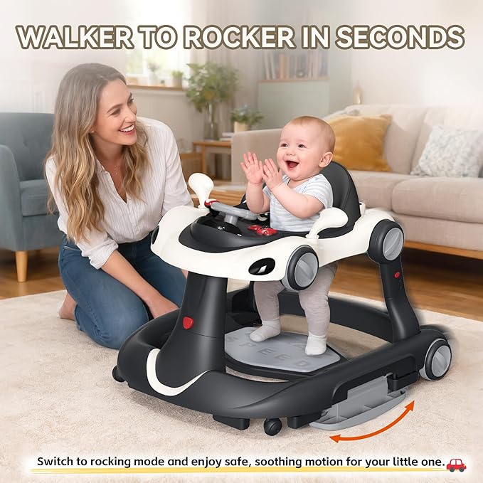 Baby Walker with Wheels, 7-in-1 Foldable Baby Walkers for Boys Girls 6-12 Months with Feeding Tray & Music, Lights,Rocker,Sun Canopy, Bouncing Pedal, Adjustable Wheel Speed, Push Walker (Black)