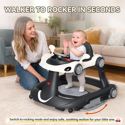 Baby Walker with Wheels, 7-in-1 Foldable Baby Walkers for Boys Girls 6-12 Months with Feeding Tray & Music, Lights,Rocker,Sun Canopy, Bouncing Pedal, Adjustable Wheel Speed, Push Walker (Black)