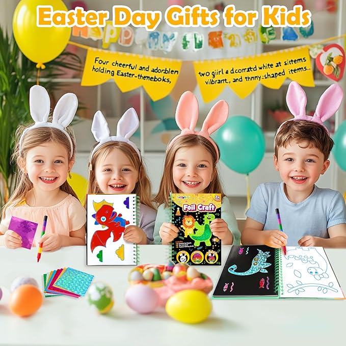 Foil Art Craft Activity for Kids: Fun DIY Toy Sticker Kit, No Mess Creative Travel Supply Set, Idea Birthday Easter Basket Stuffers Valentines Gift for Girl Boy Toddler 4 5 6 7 8 9 Year Old (Dinosaur)