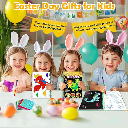 Foil Art Craft Activity for Kids: Fun DIY Toy Sticker Kit, No Mess Creative Travel Supply Set, Idea Birthday Easter Basket Stuffers Valentines Gift for Girl Boy Toddler 4 5 6 7 8 9 Year Old (Dinosaur)