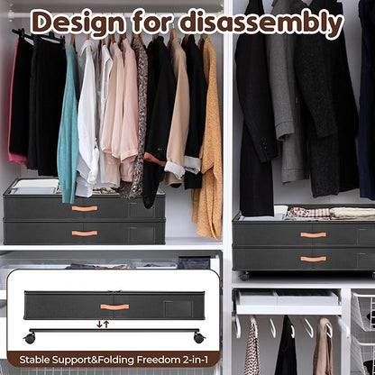 Under Bed Storage with Wheels 2-Pack, Under Bed Storage Containers 66L Clear Lids, Rolling Storage Drawers for Clothes Shoes Blankets, Underbed Organizer Bins(30" L x 16.2" W x 7.5" H)