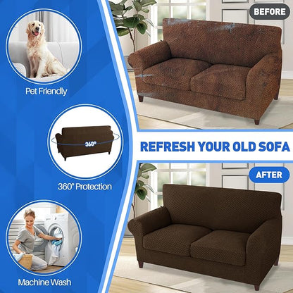 MAXIJIN 3 Piece Jacquard Couch Covers for 2 Cushion Couch Stretch Non Slip Love Seat Couch Cover for Dogs Pet Friendly Elastic Furniture Protector Loveseat Slipcovers (Loveseat, Dark Coffee)