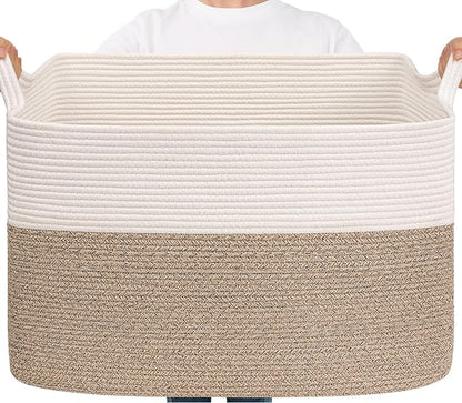 Goodpick Large Woven Blanket Basket 105L, 25"x16"x16" Cotton Rope Organizer for Toys, Dirty Clothes, Extra Large Rectangle Storage Basket for Living Room, Bedroom, White & Brown