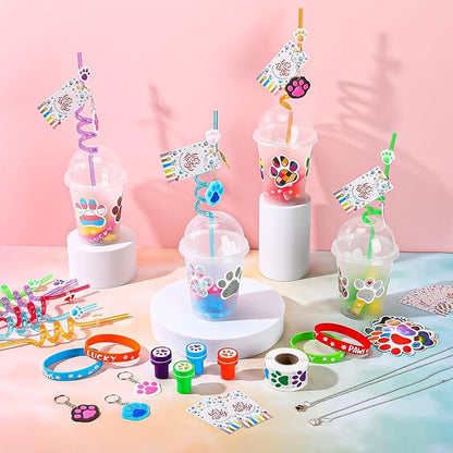 Gejoy 178 Pcs Dog Paw Party Favors Set Includes Paw Straws Cups Silicone Bracelet Keychain Stamper Sticker Pendant Chain Thank You Tag for Boy Girl Dog Theme Party Supplies(Dog Paw)