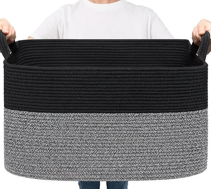 Goodpick Large Woven Blanket Basket 21.6" x 14.9" x 11.8" Storage Baskets for Organizing, Rectangle Baby Toy Bins for Kids Organizer Living Room Bedroom, Black & Gray