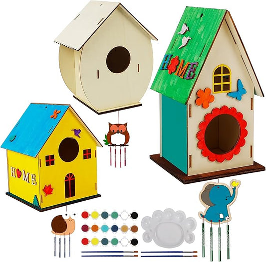 3 Pack Bird Houses for Outside, DIY Bird House Wind Chime Kit, Bird House Kits for Children to Build, Wooden Bird Houses to Paint, Wooden Craft Kits for Kids Girls Boys Toddlers