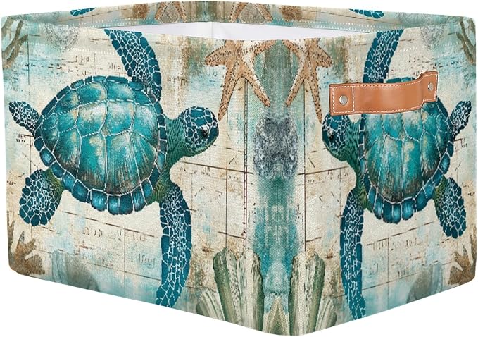 Sea Turtle Retro Map Storage Basket Bin Nautical Ocean Starfish Large Fabric Toys Storage Cube Box with Handles Collapsible Closet Shelf Cloth Organizer Basket for Nursery Bedroom Gift