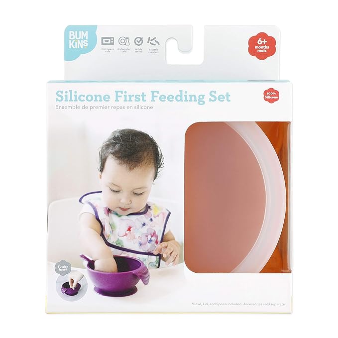 Bumkins Baby Bowl, Silicone Feeding Set with Suction for Baby and Toddler, Includes Spoon and Lid, First Feeding Set, Training Essentials for Baby Led Weaning for Babies 4 Months Up, Tangerine