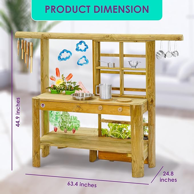 Plum Discovery Mud Pie Kitchen for Kids Outdoor Toys - Play Toy Kitchen with Accessories, Wooden Kids Kitchen Playset, with Built-in Gardening Planter and Painting Easel for Kids Age 3+