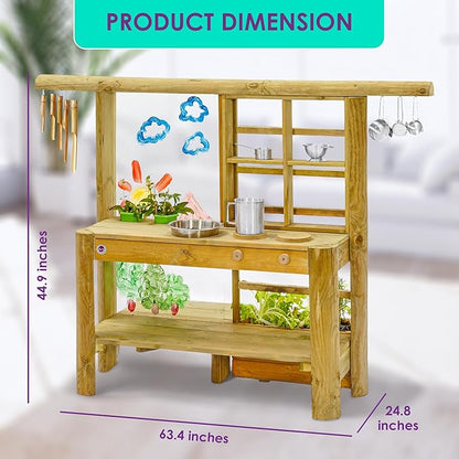 Plum Discovery Mud Pie Kitchen for Kids Outdoor Toys - Play Toy Kitchen with Accessories, Wooden Kids Kitchen Playset, with Built-in Gardening Planter and Painting Easel for Kids Age 3+