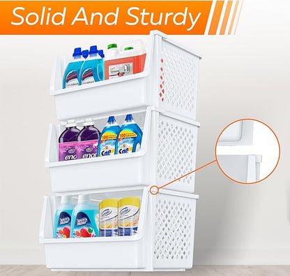 TidyFriend 6 Pack XLarge Stackable Storage Bins Open Front for Pantry Organizers and Storage, Pantry Storage for Food, Kitchen and Home Organization, Plastic Storage Bins, Dorm Room Essentials (White)