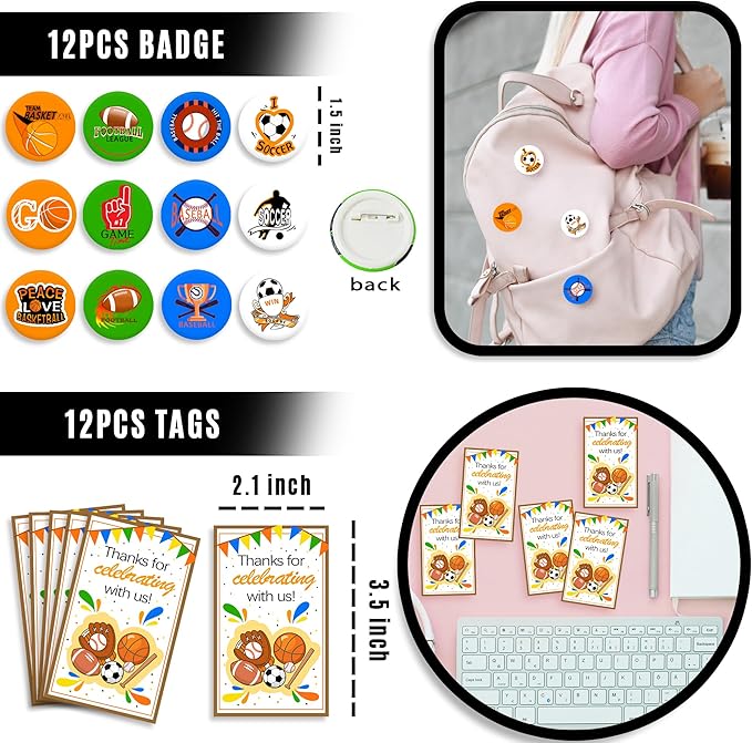 122 PCS Sports Party Favors Basketball Baseball Football Soccer Party Gift Thank You Tags Goodie Bags for Sports Club Party Favors Kid Birthday Party Baby Shower Sports Theme Party Supplies (Style 01)