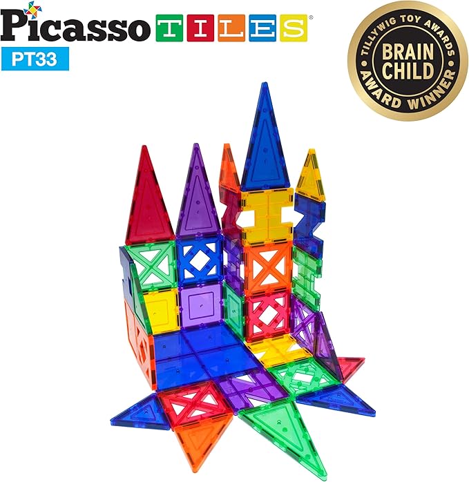 PicassoTiles Educational Set Magnetic Building Tiles with Unique Shapes & Clear Box Tile 3D Magnet Construction Block Different Shapes Connects with Other Figure for Boys & Girls Ages 3+