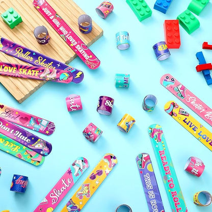 Marsui 48 Pcs Roller Skating Party Supplies Pack Slap Bracelets for Birthday Party Favors Snap Bracelets Pack Bulk for Wrist Bands Toddler Party Favors Bulk, 24 Designs