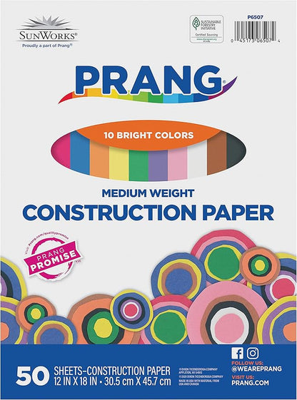 Prang (Formerly SunWorks) Construction Paper, 10 Assorted Colors, 12" x 18", 50 Sheets
