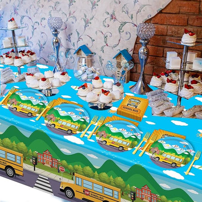 School Bus Birthday Party Supplies Back to School Decorations School Bus Theme Party Tableware Includes Plates Napkins Fork and School Bus Tablecloth for Kindergarten Parties Decorations Set Serve 20