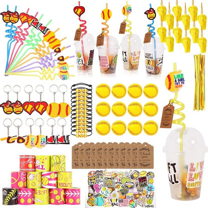 LiYiQ 158 Pcs Softball Party Favors Softball Party Supplies With Cup Straw Stress Ball Keychain Sticker Slaps Bracelets Whistle Thank You Tags For Softball Birthday Decorations (Softball)