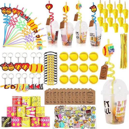 LiYiQ 158 Pcs Softball Party Favors Softball Party Supplies With Cup Straw Stress Ball Keychain Sticker Slaps Bracelets Whistle Thank You Tags For Softball Birthday Decorations (Softball)