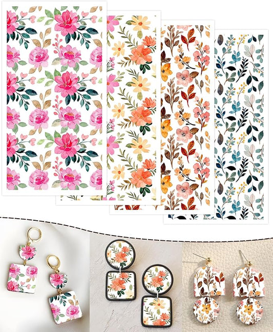 Puocaon Polymer Clay Transfer Paper - 20 Pcs Floral Water Transfer Paper for Polymer Clay, Eucalyptus Leaves Transfer Paper for Polymer Clay Earrings, Peony Polymer Clay Transfer Sheets for Jewelry