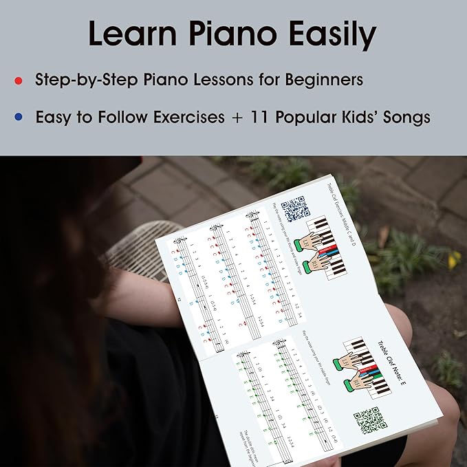 QMG Color Piano and Keyboard Stickers and Complete Color Note Piano Music Lesson and Guide Book for Kids and Beginners; Designed and Printed in USA