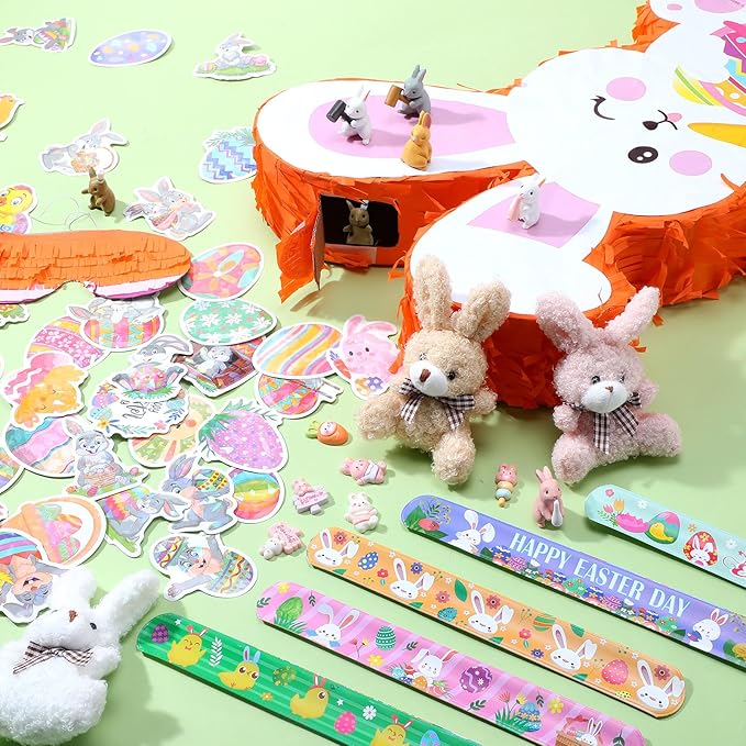 139 Pcs Easter Bunny Pinata Set for Birthday Party Pinata Egg Easter Decoration Party Fiesta Games Supplies Easter Props with Blindfold Toy and Baton Kids Animal Favors Gifts for Boys Girls