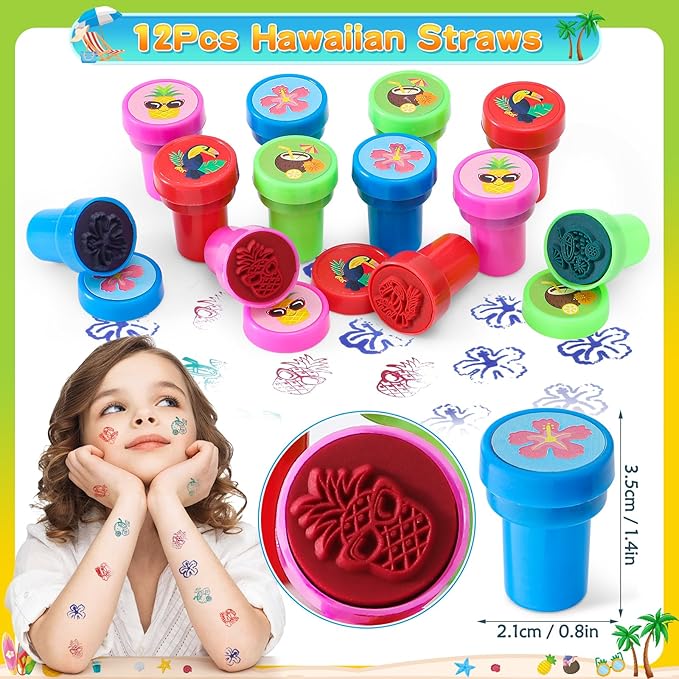 122Pcs Hawaiian Party Favors Summer Pool Beach Birthday Party Supplies Straw Stamp Bracelet Tattoo Sticker Keychain Pinata Goodie Bag Toy Gift Prize Filler Stuffer Kids Tropical Luau Party Supplies