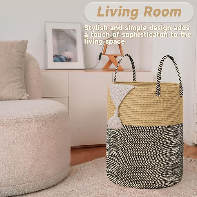 JMvicyroam Large Woven Laundry Basket Hamper,100L Cotton Rope Storage Bin for Blankets,Toys and Clothes,Decorative Tall Nursery Hamper for Living Room,Baby Nursery,Bathroom and Bedroom,Brown and Black