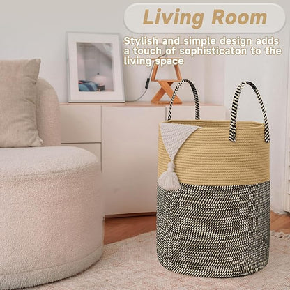 JMvicyroam Large Woven Laundry Basket Hamper,60L Cotton Rope Storage Bin for Blankets,Toys and Clothes,Decorative Tall Nursery Hamper for Living Room,Baby Nursery,Bathroom and Bedroom,Brown and Black