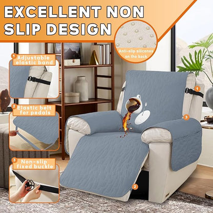 XINEAGE 100% Waterproof Recliner Chair Covers with Elastic Straps, Nonslip Reclining Couch Covers Washable Recliner Couch Cover with Pockets Furniture Protector for Pets Dogs (Greyish Blue, 23")