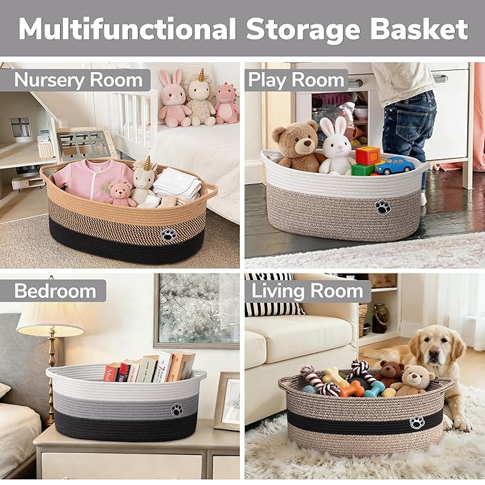 Large Dog Toy Basket, 19.7" X 11" X 7.9" Woven Baskets for Dog Cat Storage, Toy Basket with Handles for Nursery, Living Room, Gift Baskets Empty for Baby Shower, Mixed-Gray