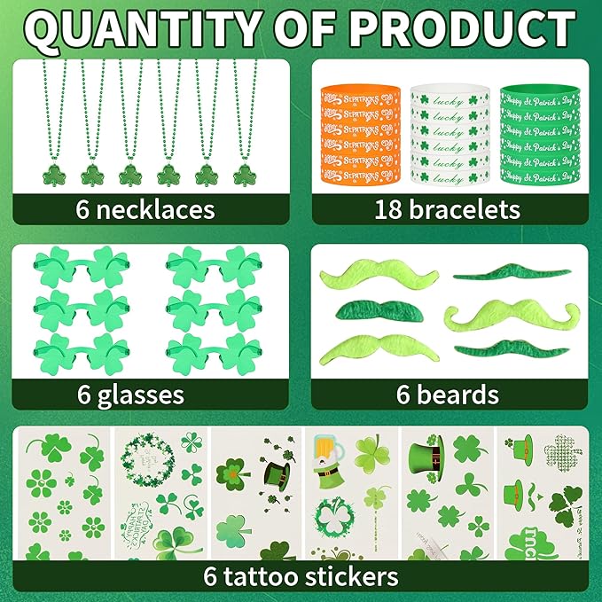 St. Patrick's Day Accessories Green Shamrock Glasses Necklaces Bracelets Temporary Tattoo Stickers Mustaches