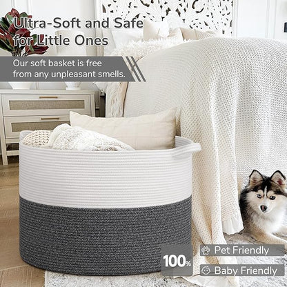 INDRESSME 115L Extra Large Cotton Rope Blanket Basket, Woven Baby Laundry Baskets for Clothes Pillows Towel, Toy Baksets for Kids, White & Gray