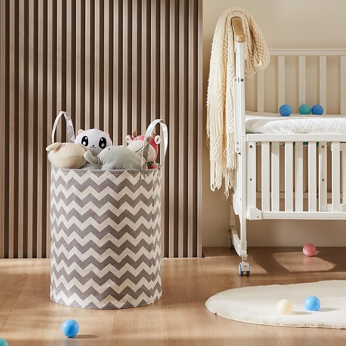 Baby Laundry Basket with Long Handles, 63L Collapsible Kids Laundry Hamper, Toy Storage Basket for Nursery, Bedroom Decor for Girls and Boys (Grey Chevron)
