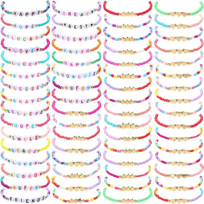 64 Pcs Kids Friendship Beaded Bracelets for Girls Jewelry Letter Beads Bracelets Bulk Colorful Cute Stretchy Rainbow Princess Dress up Gifts(Cute)