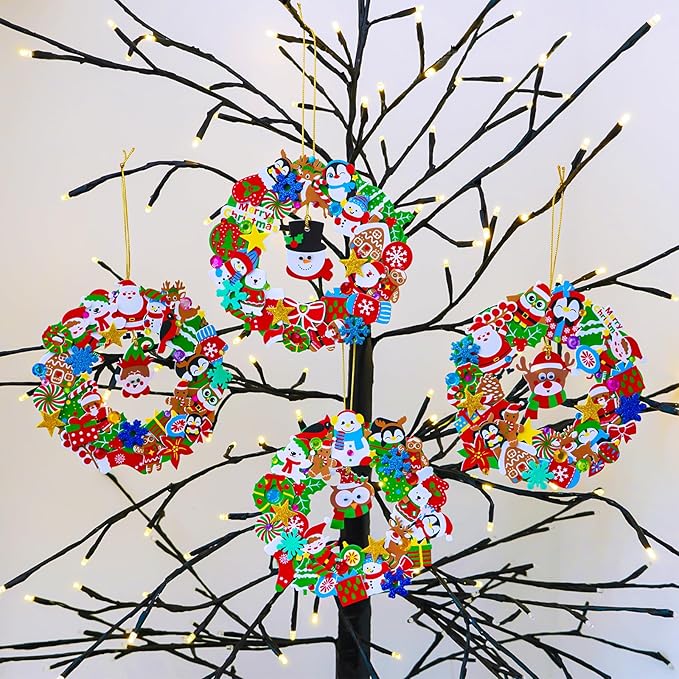 Winlyn 12 Sets Christmas Craft Kits Holiday Crafts DIY Christmas Wreath Ornaments Decorations Art Sets Xmas Snowmen Snowflake Festive Winter Foam Stickers Arts and Crafts for Kids Classroom Activities