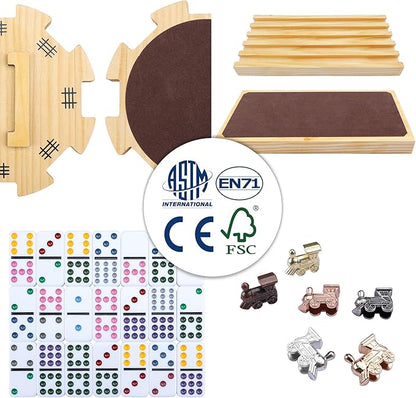 GOTHINK Mexican Train Dominoes Set, 91 Tiles Double 12 Dominos Set for Adults and Family, with Wooden Trays*8, Metal Trains*9, Wooden Hub & Scoreboards, Dominoes Tile Board Game in Storage Case Games