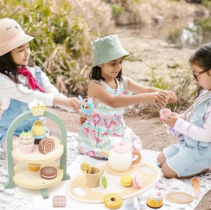 Wooden Tea Party Set for Little Girls Kids with Cupcake Stand & Dessert Food Pretend Play Afternoon Tea Toys Wood Kitchen Toy for 3 4 5 6 Year Old Toddlers Boys Birthday Gift