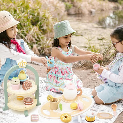 Wooden Tea Party Set for Little Girls Kids with Cupcake Stand & Dessert Food Pretend Play Afternoon Tea Toys Wood Kitchen Toy for 3 4 5 6 Year Old Toddlers Boys Birthday Gift