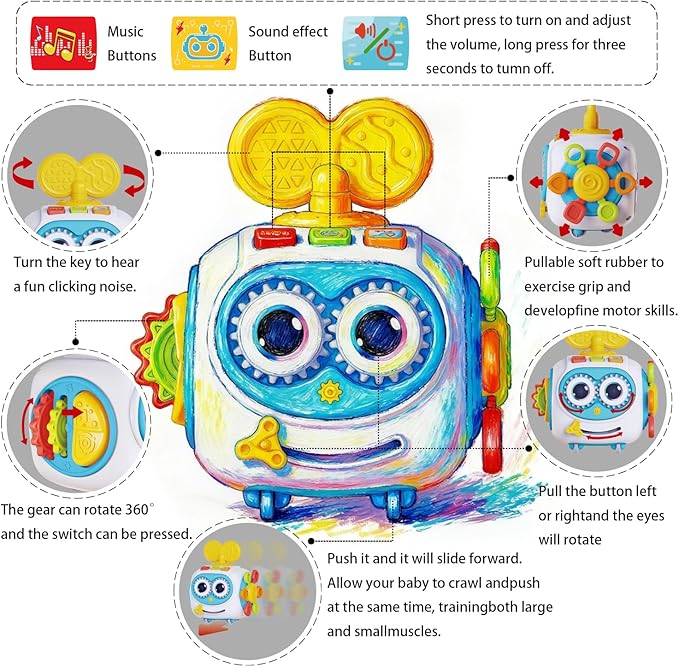 MoraBaby Robot Musical Busy Cube for Toddlers 1-3 Years Old, Montessori 6-in-1 Activity Cube with Lights & Sounds, Wheels for Tummy Time & Crawling Training, Birthday Gifts for Baby boy & Girl