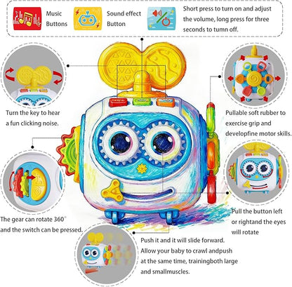 MoraBaby Robot Musical Busy Cube for Toddlers 1-3 Years Old, Montessori 6-in-1 Activity Cube with Lights & Sounds, Wheels for Tummy Time & Crawling Training, Birthday Gifts for Baby boy & Girl