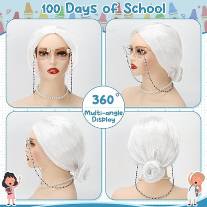 100th Day of School Costume, Old Lady Cosplay White Bun Wig Glasses Wig Cap Pearl Necklace Bracelet Props for Kids Girls