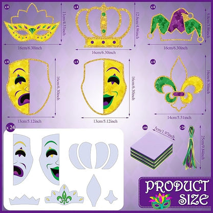24 Sets Mardi Gras Craft Kits Tissue Paper DIY Crown Mask Fleur De Lis Hanging Ornaments Purple Green Yellow Glitter Art Decoration for Mardi Gras Masquerade Carnival Party Decoration