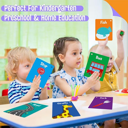 50 PCS First Word Flashcards, Double Sided Learning Cards Alphabet, Foods, Animals, Shapes, Colors, Vehicle, Body Parts with 2 Reclosable Rings, Learning Tool for Pre-K Kindergarten Toddlers